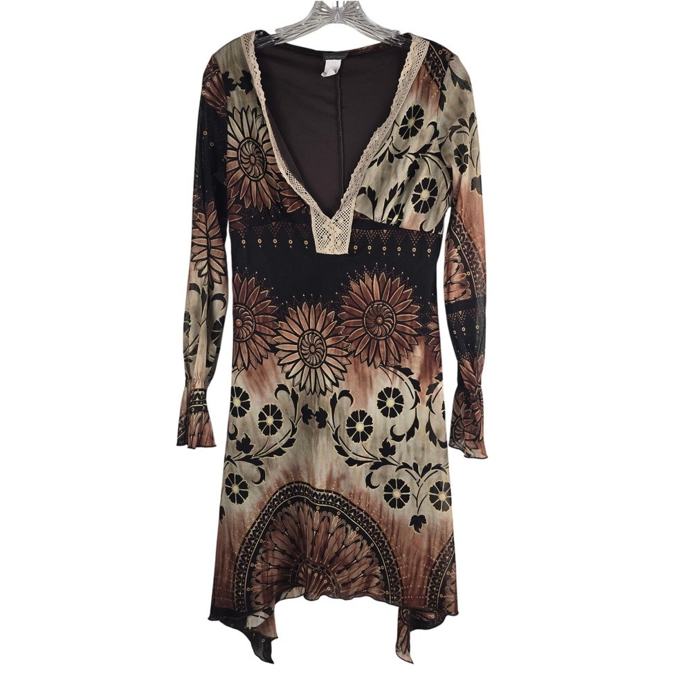 Vintage‎ HerStory Whimsigoth Mesh Overlay Dress Brown Floral Fairycore Large